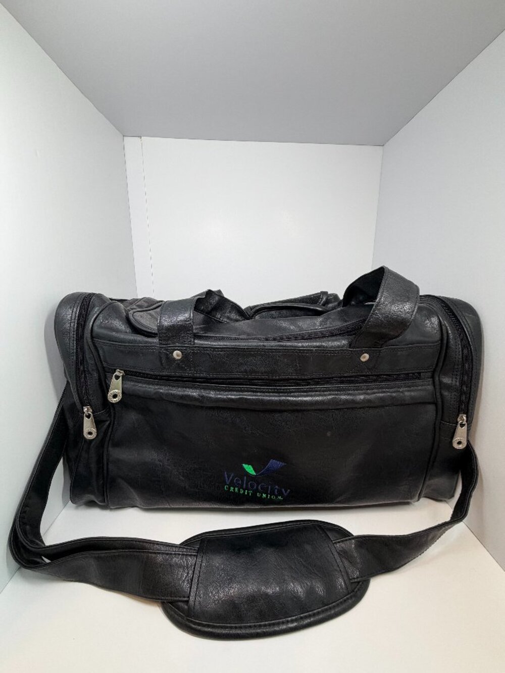 Golden Pacific Black Faux Leather Duffle Bag with Velocity Credit Union Logo